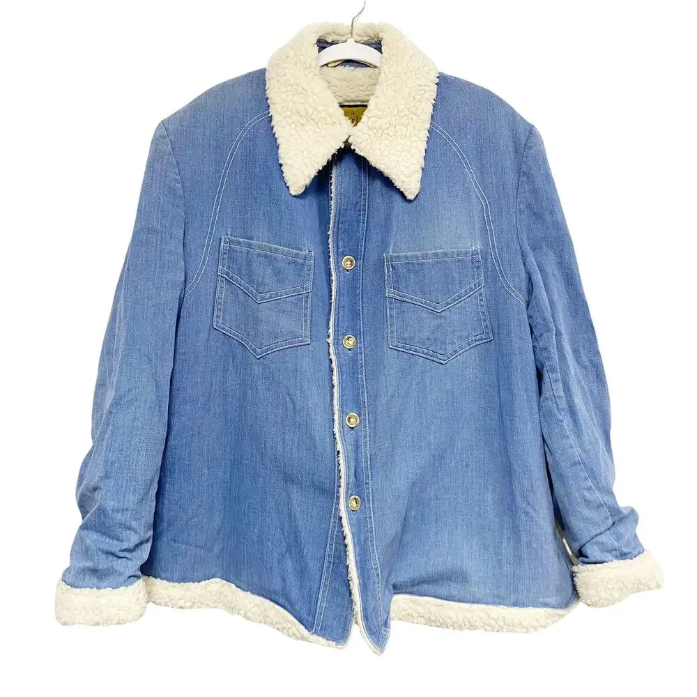 Vintage Robert Lewis Mens Size 44 Denim Sherpa Button Up Shirt Jacket Shaket